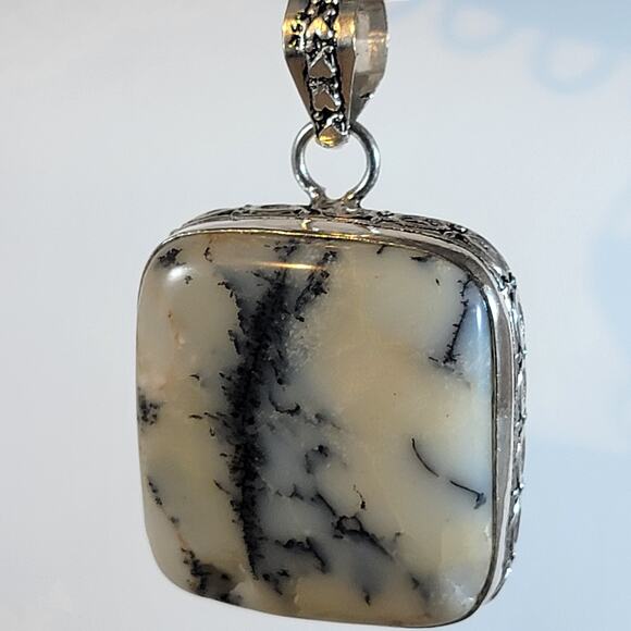 Handmade Silver Pendant – Dendritic Opal Cabochon + 20" Sterling Silver Chain - Picture 1 of 10